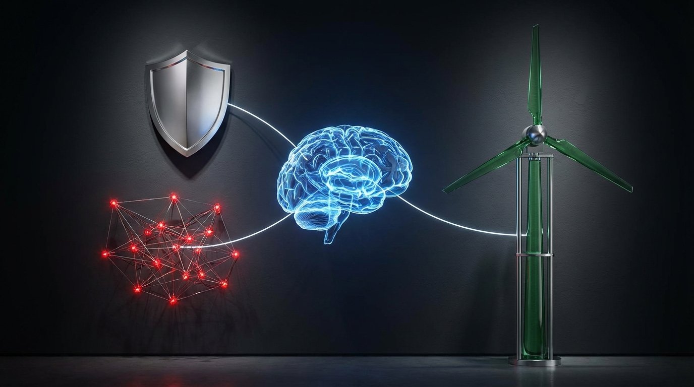 A conceptual image showing a central AI brain connected to symbols of national security, cyber threats, and climate technology, representing their integration.