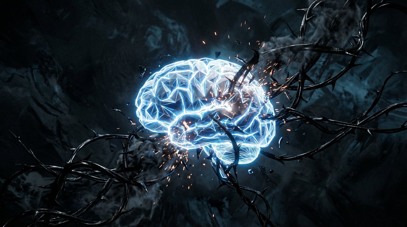 A symbolic image showing a glowing geometric brain, representing AI, being entangled by dark, thorny vines, which represent misinformation.
