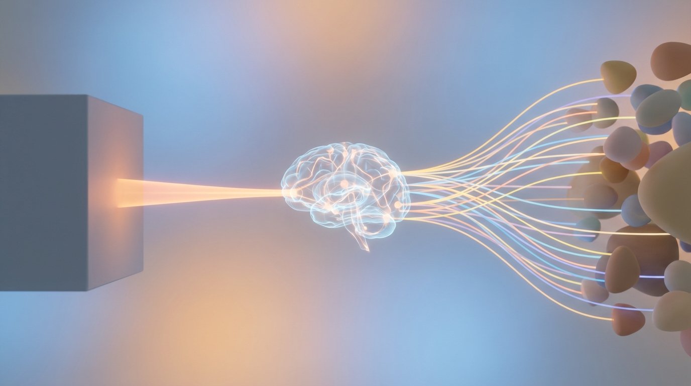 An abstract representation of AI shifting its focus to consumers. A central glowing orb, symbolizing AI, sends numerous bright lines of light towards a diverse group of smaller shapes, representing consumers, while fewer lines go towards a large block, representing enterprise.