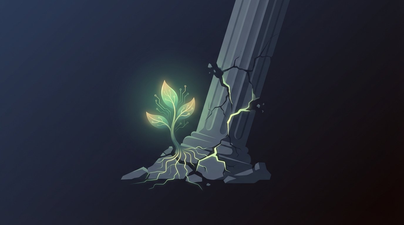 A glowing seedling with circuit patterns on its leaves, representing an AI startup, cracks a large stone pillar, symbolizing the disruption of traditional venture capital.