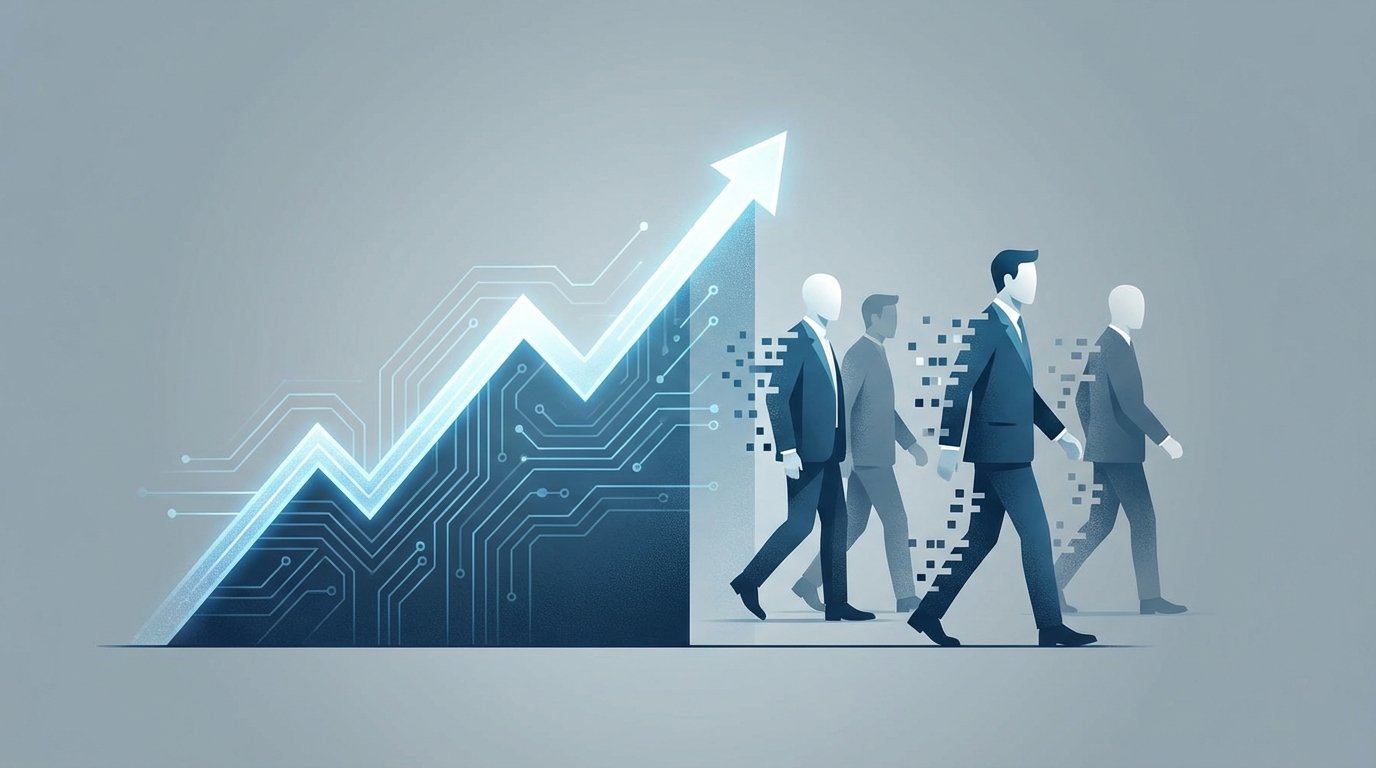 An abstract illustration of AI driven tech stock trends in 2025, showing an upward stock chart with circuit patterns and silhouettes of executives walking away, symbolizing insider selling.