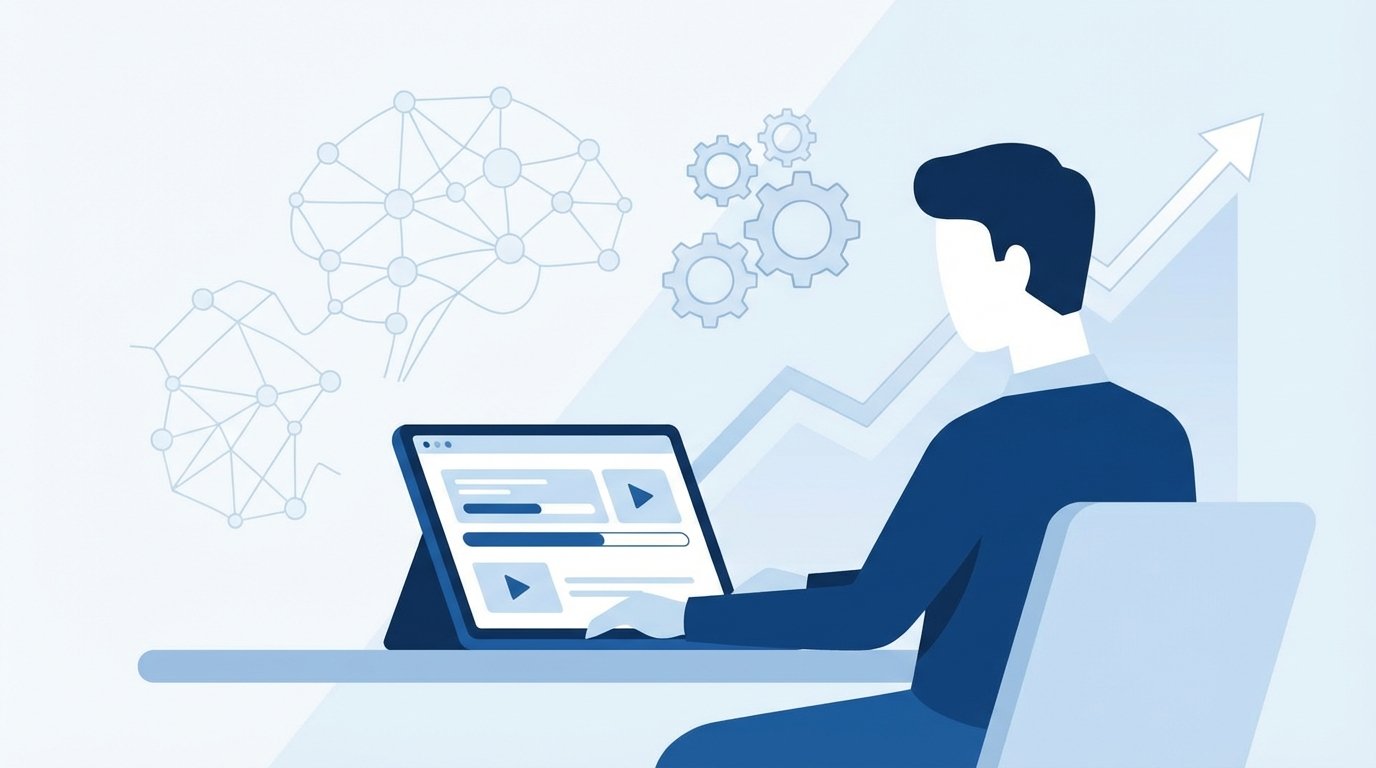 An illustration of a business founder using AI and automation training, with symbols of online courses and business growth charts in the background.