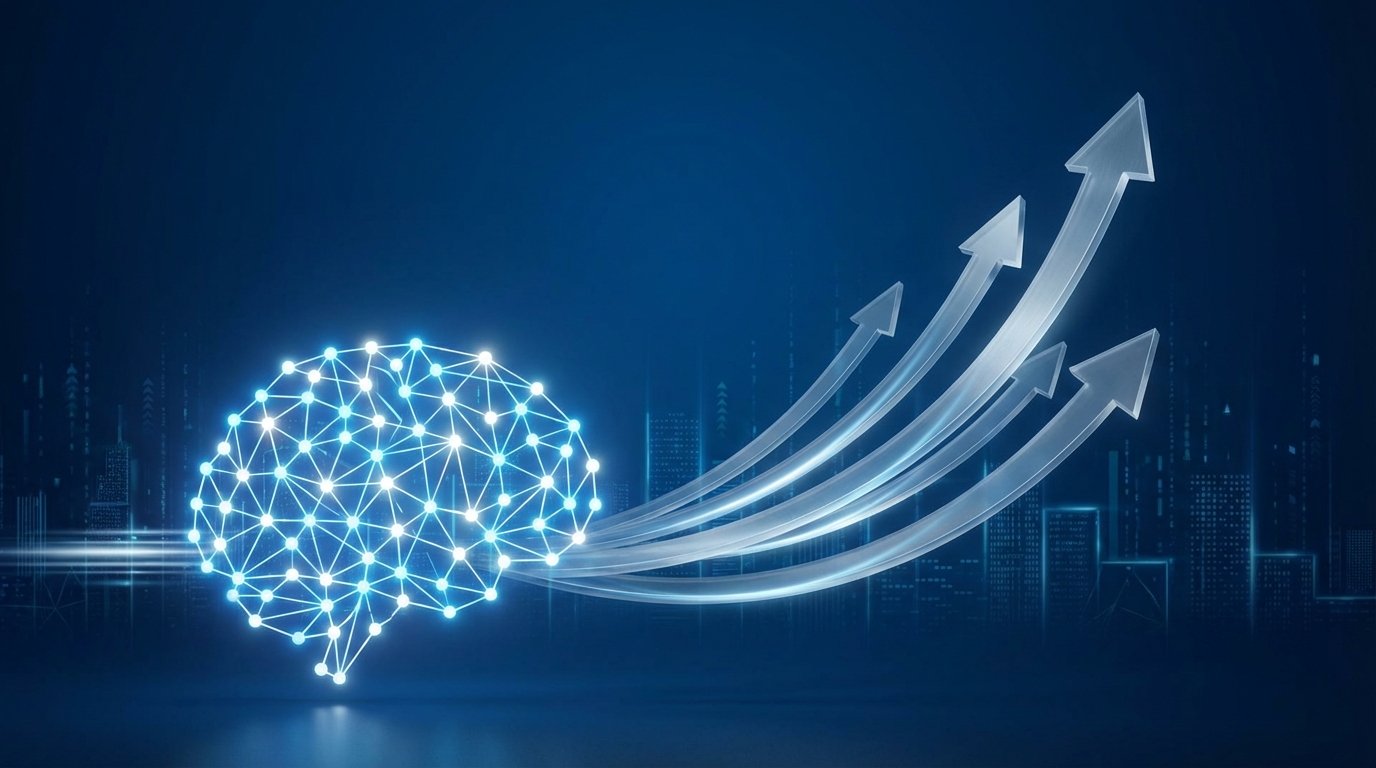 A visual representation of AI unicorn startup growth, showing a glowing AI brain icon with arrows rising upwards against a backdrop of a digital cityscape.