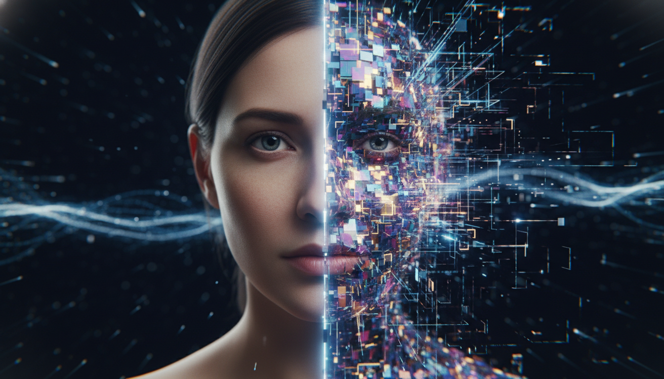 A symbolic digital portrait showing a human face being manipulated by glowing neural network patterns representing the creation of AI deepfakes and the ethical issues of digital identity manipulation