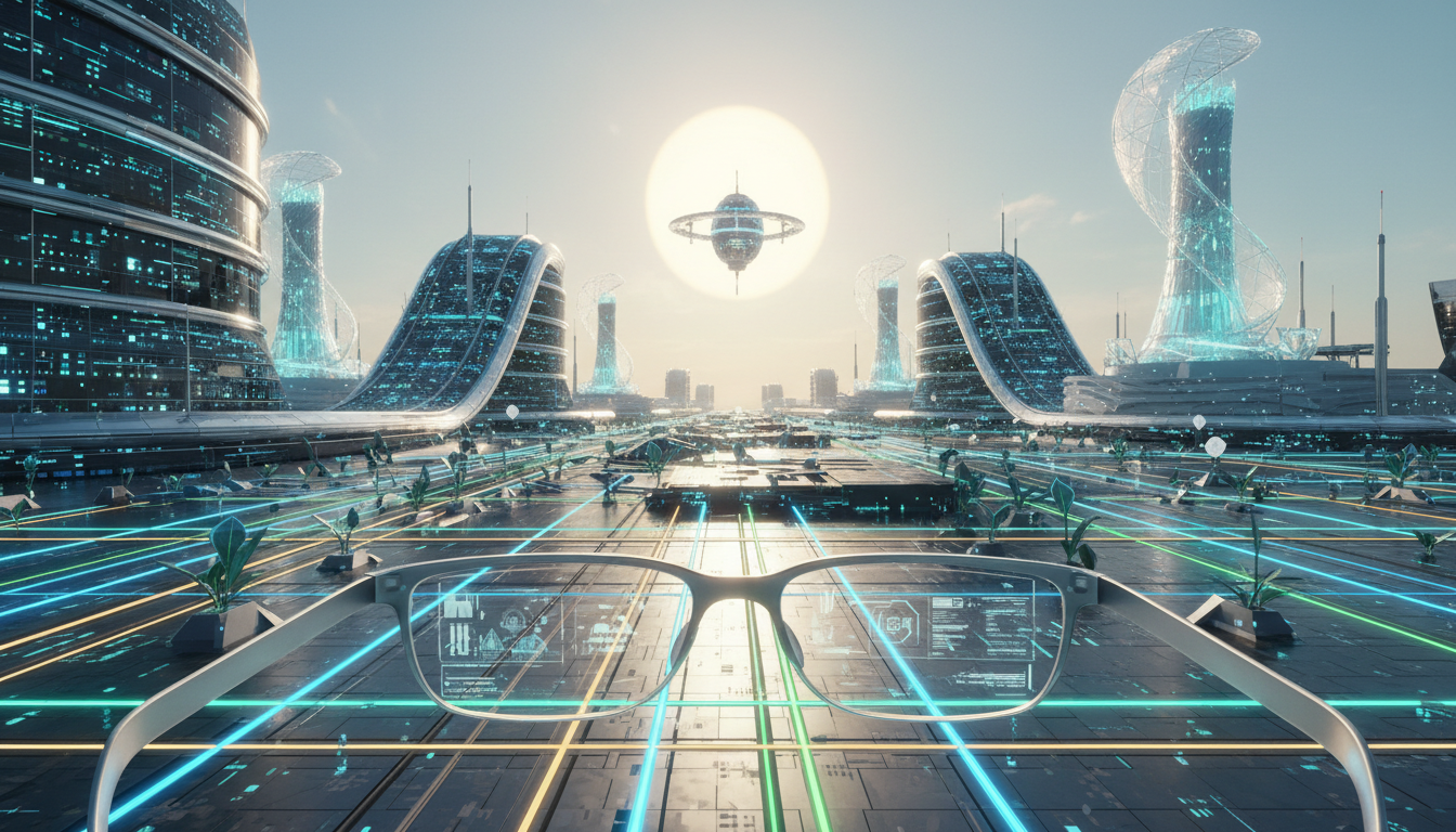 Futuristic digital landscape featuring massive data centers and clean energy plants with smart glasses in view