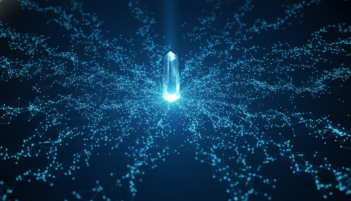 A minimalist digital illustration showing a large central hub emitting beams of light that flow into a network of smaller interconnected glowing points representing the AI power shift from centralized to distributed systems