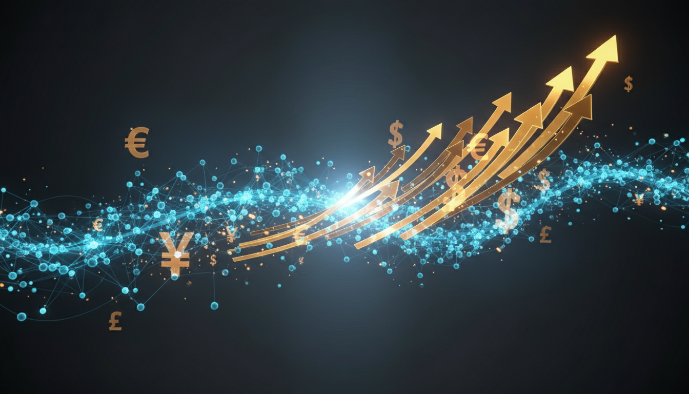 Abstract neural network with upward arrows and currency symbols