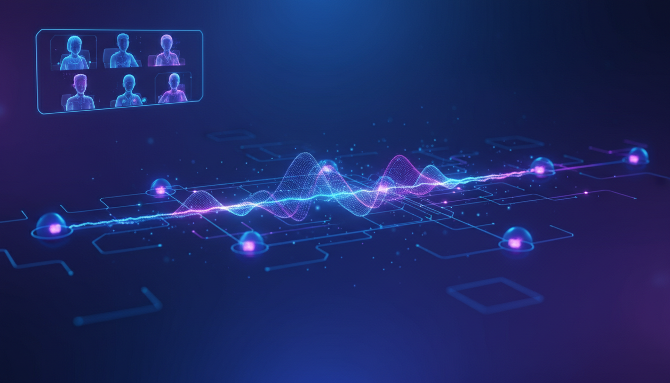 A futuristic digital interface showing glowing sound waves being filtered and cleaned by glowing neural network nodes. A small window in the background shows stylized avatars in a virtual meeting.
