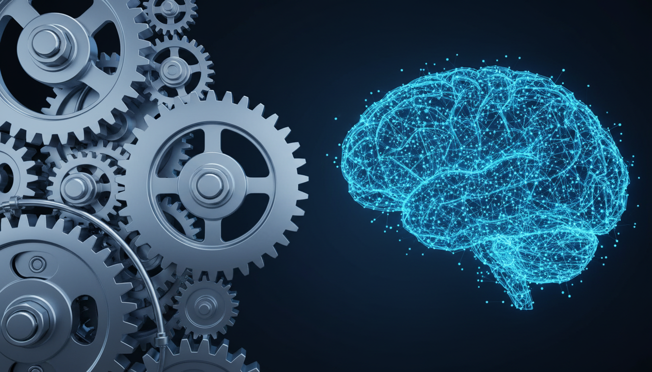 Comparison of mechanical gears and a digital brain representing testing methods