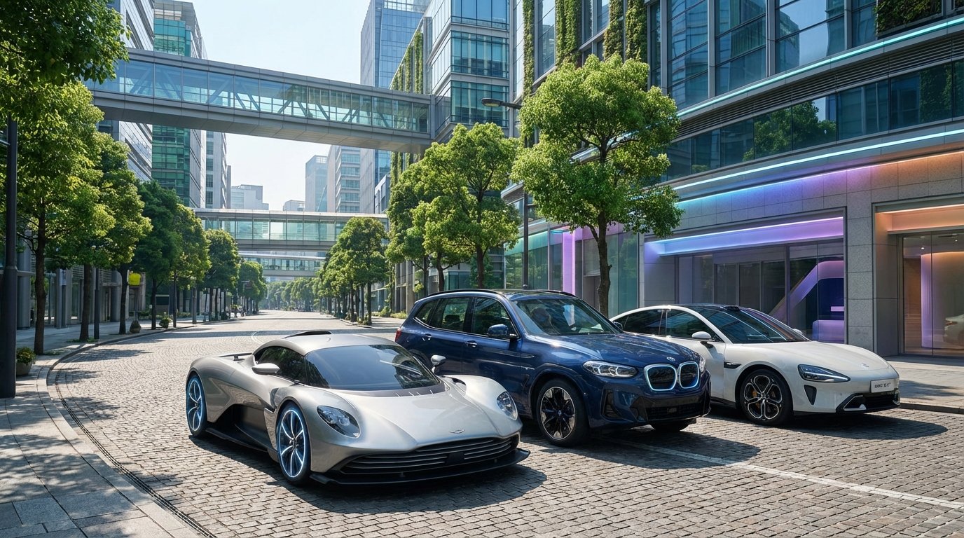 A lineup of futuristic electric vehicles, including a sports car, SUV, and sedan, in a modern city setting representing the best EVs of 2026.