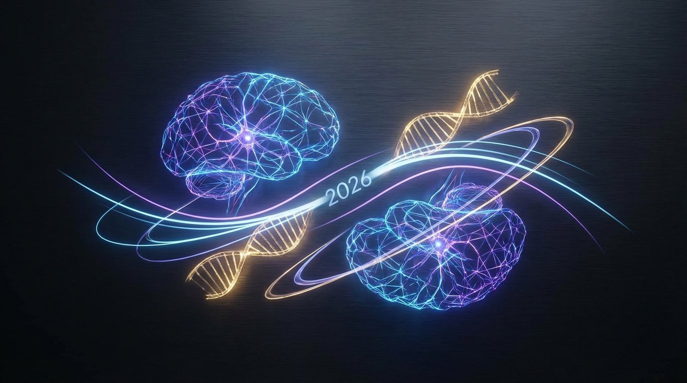 A symbolic representation of breakthrough technologies in 2026, showing interconnected innovations.