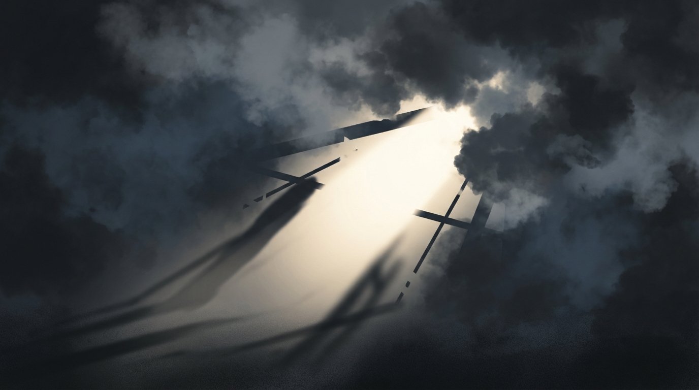 A bright light symbolizing technological breakthrough, partially obscured by dark fog, representing the balance of optimism and skepticism in innovation.