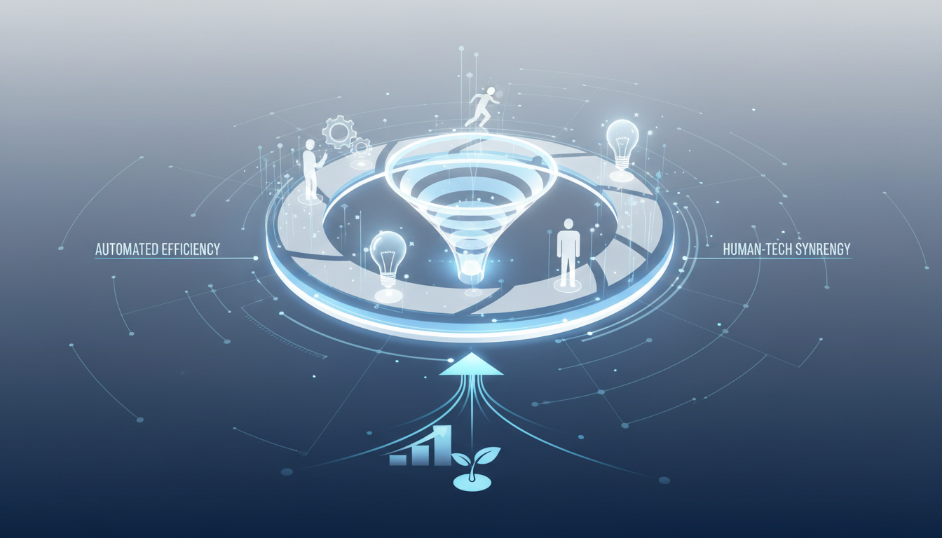 A professional illustration showing a streamlined digital workflow with interconnected icons representing automation, creativity, and human collaboration.