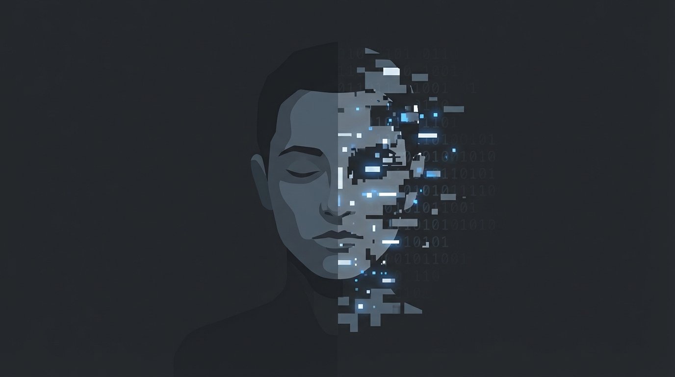 A symbolic image of a face split in two, one side human and the other pixelated and broken, representing the dangers of AI misuse and deepfakes.