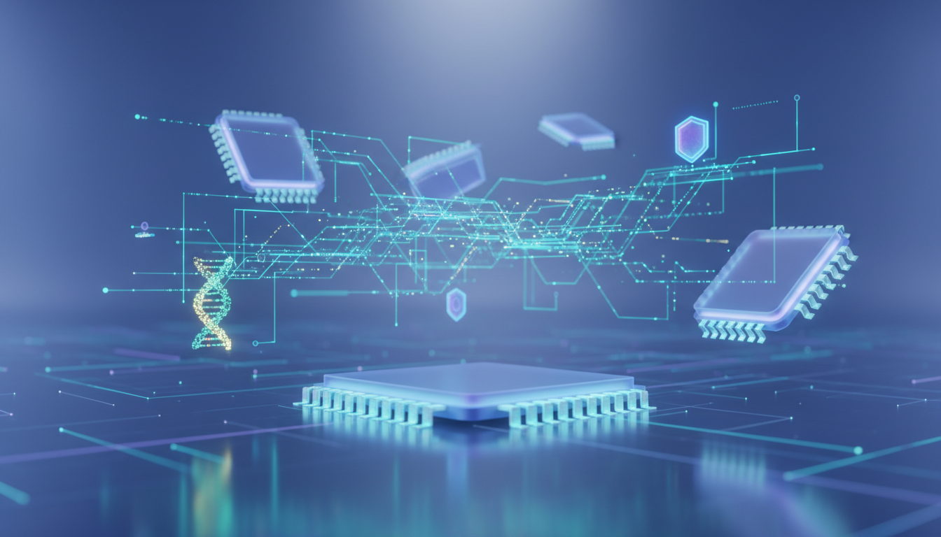 An artistic view of the technology landscape in 2026 featuring chips and AI models