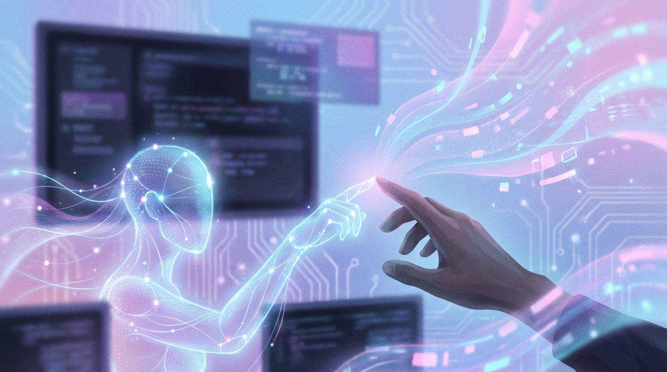 An abstract image symbolizing the connection between a human and an AI, with a luminous digital figure and a human hand nearly touching.