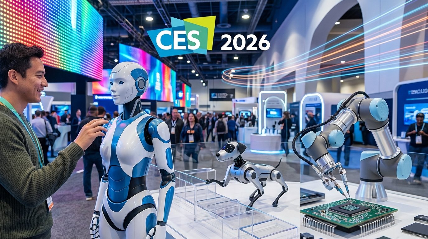 A vibrant scene from CES 2026 showcasing a variety of advanced AI powered robots, including a humanoid, a robotic dog, and a precision robotic arm, all demonstrating physical AI capabilities.