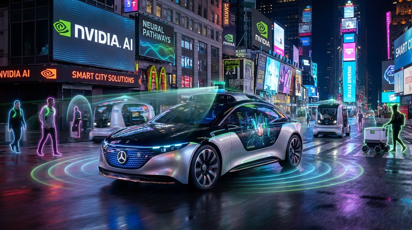 A sleek, futuristic autonomous car navigating a busy, neon-lit city street at night.