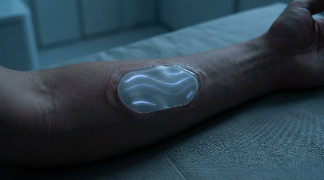 A sleek, futuristic wearable device seamlessly integrated with a human arm, glowing softly under the skin.