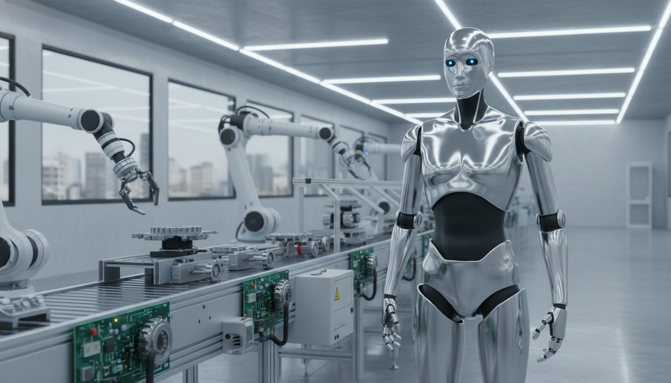 A sleek humanoid robot standing in a modern, clean industrial manufacturing facility near an assembly line.