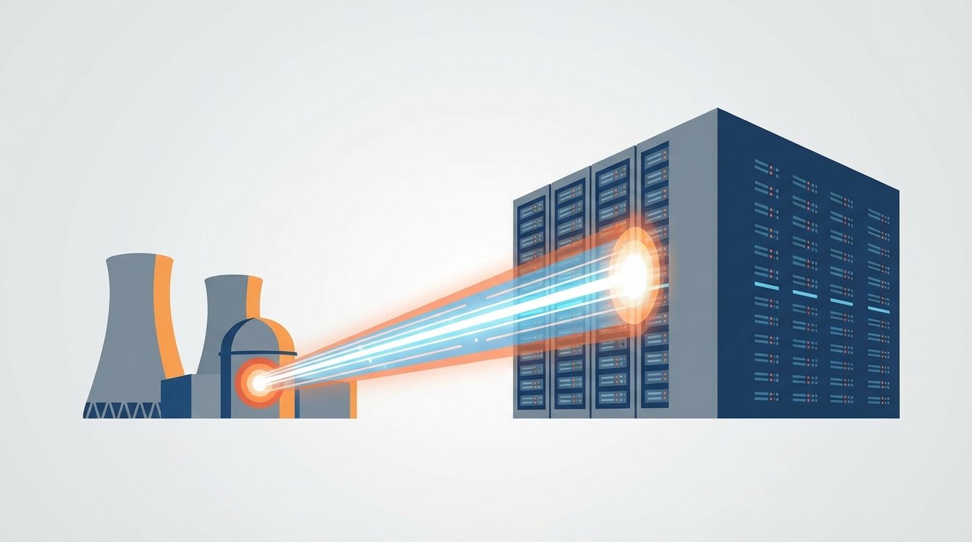 An illustration showing a nuclear power plant connected by a massive power line to a hyperscale data center, symbolizing the immense energy required to power the data facility.