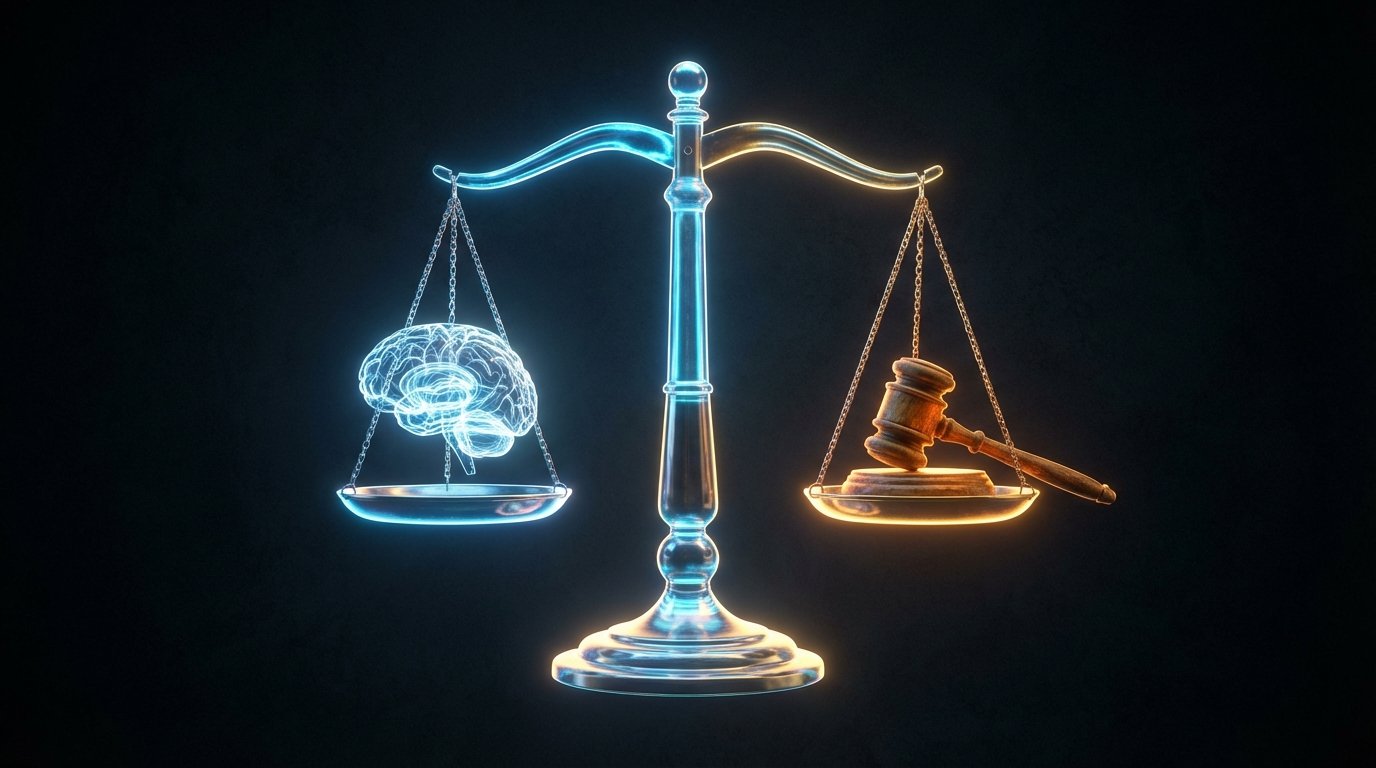 A set of glowing scales of justice balancing a neural network on one side and a gavel on the other, symbolizing the intersection of technology and law.