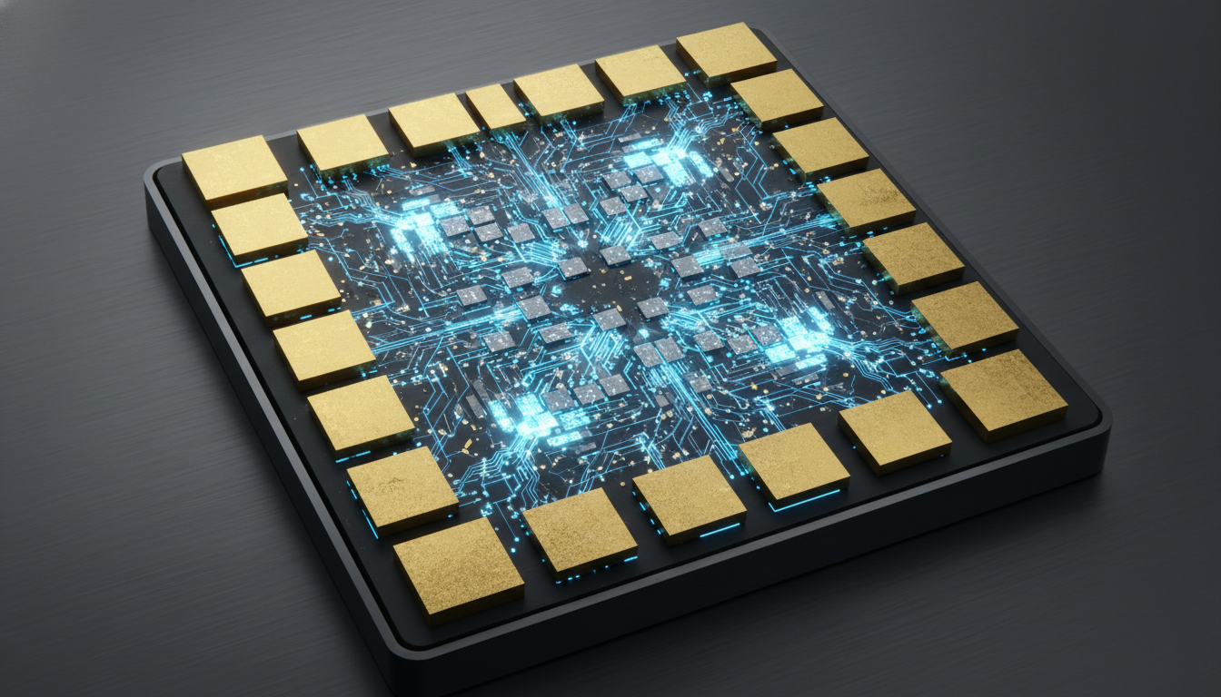 A futuristic conceptual visualization of an AI inference accelerator microchip with complex circuits and memory modules