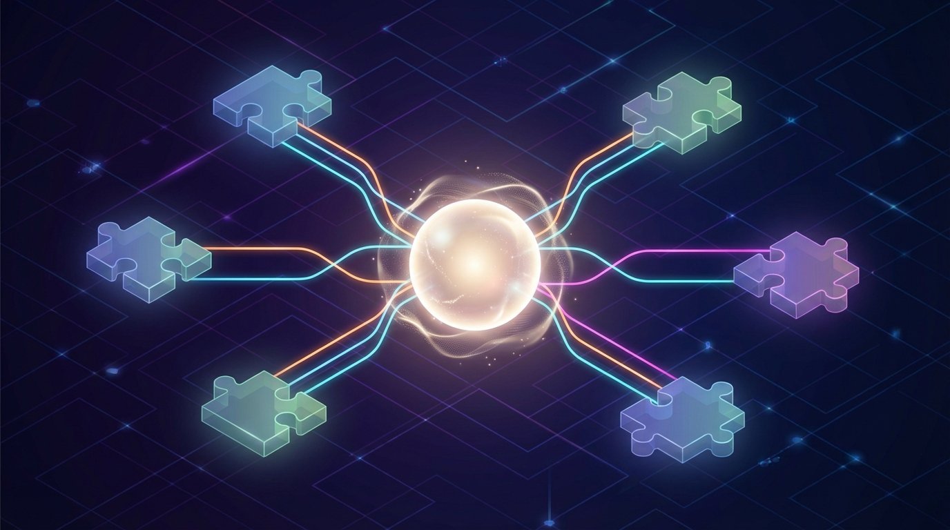 A central glowing orb, representing agentic AI, sends out lines of light to connect with several separate, colorful puzzle pieces that symbolize modular ERP components.