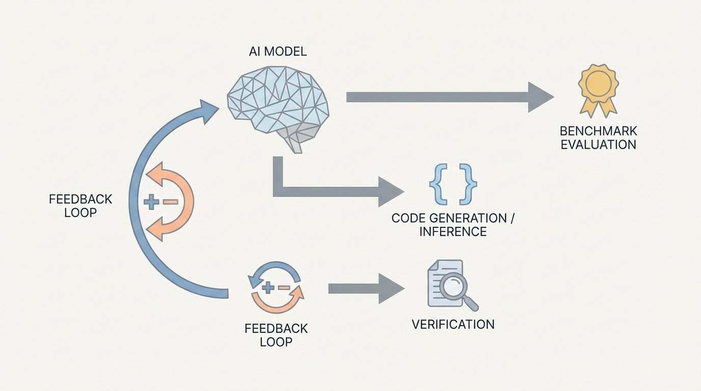 A diagram illustrating the reinforcement learning workflow of NousCoder-14B. It shows a central model generating code, which is then verified, and a reward signal is sent back to the model. The final output is evaluated on benchmarks.