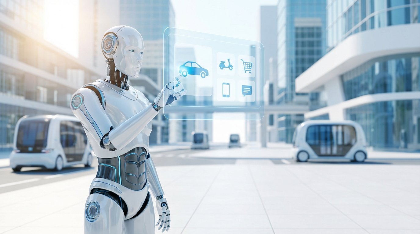 A symbolic representation of Physical AI, featuring a humanoid robot in a futuristic city interacting with holographic icons for mobility and consumer applications.