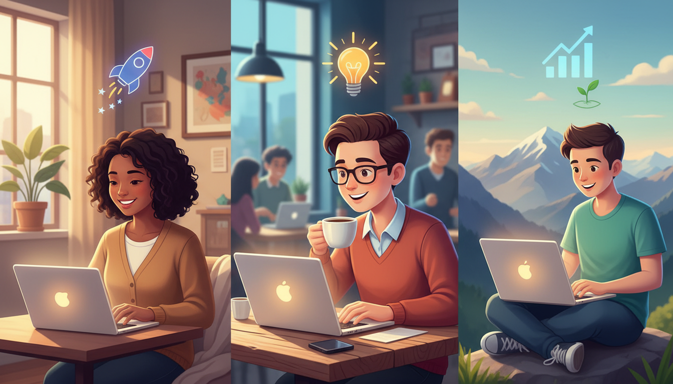A vibrant illustration of diverse people working independently on laptops with business growth icons.
