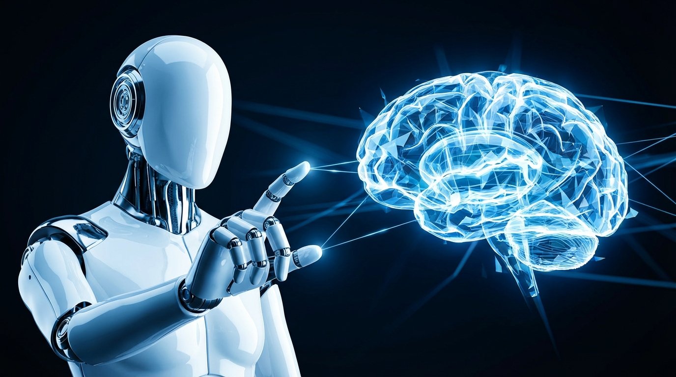 A humanoid robot and a digital AI brain, symbolizing the collaboration between robotics and artificial intelligence.