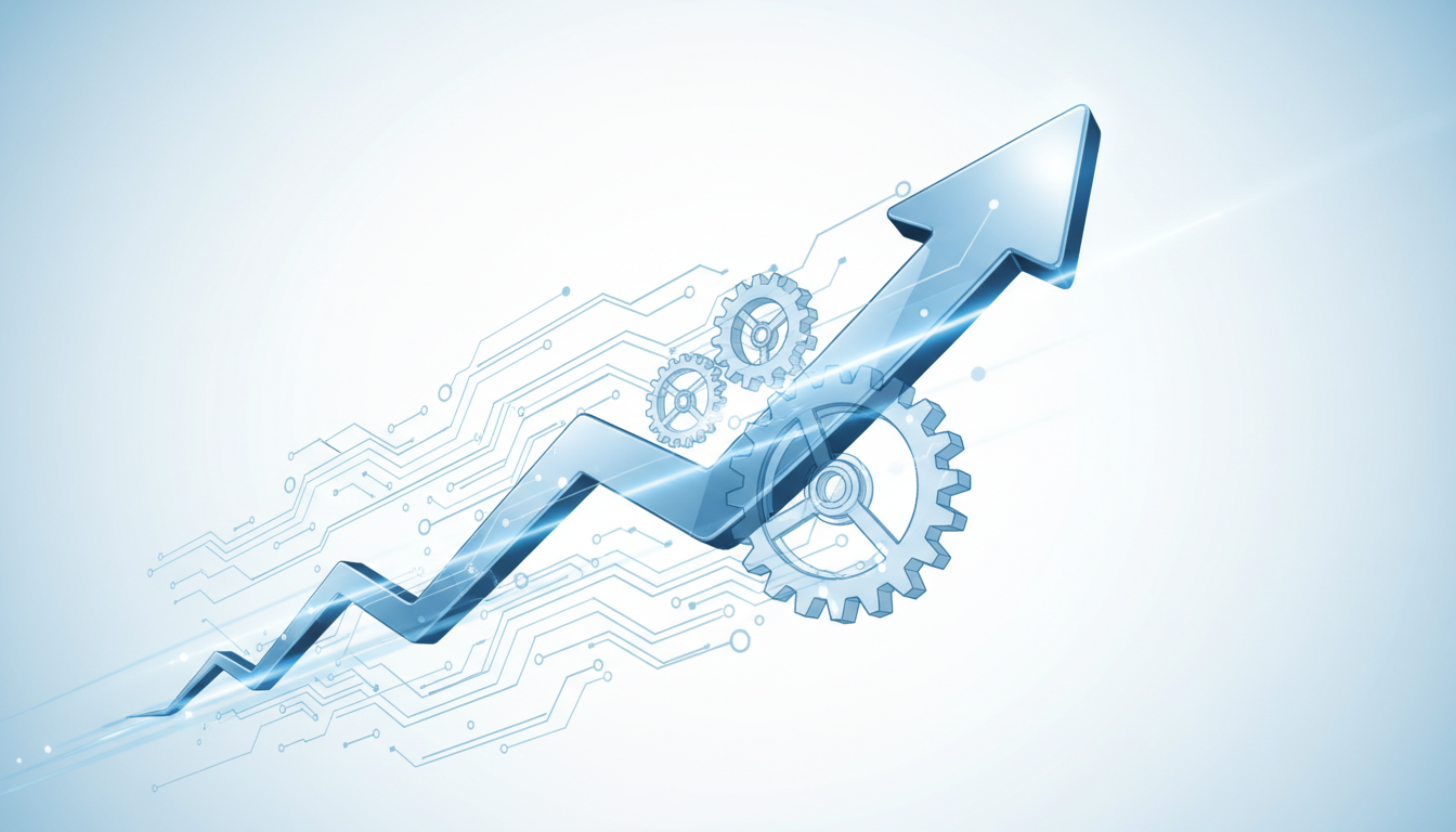 A conceptual illustration of a rising arrow integrated with digital circuitry and gears representing business scaling through technology