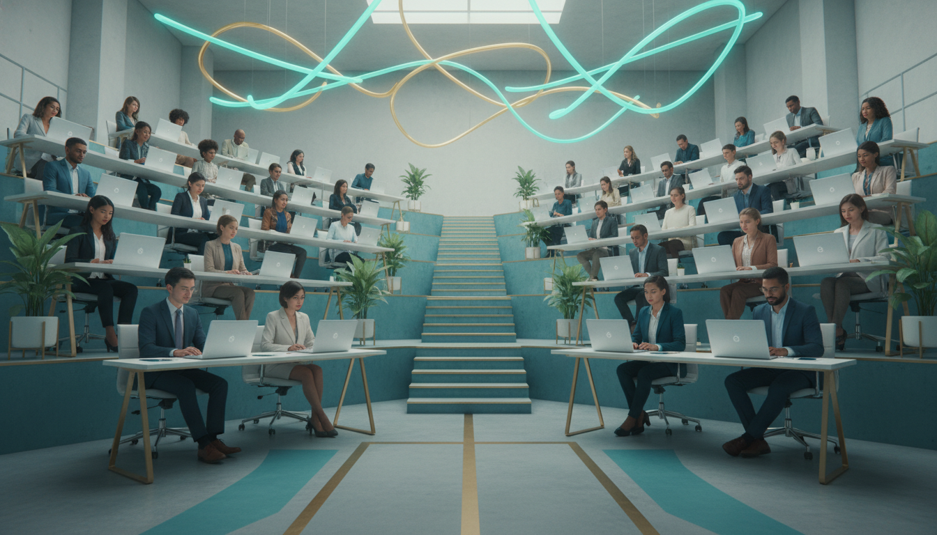 Diverse people working independently on laptops arranged in an upward staircase pattern representing the surge in solopreneurship and growth