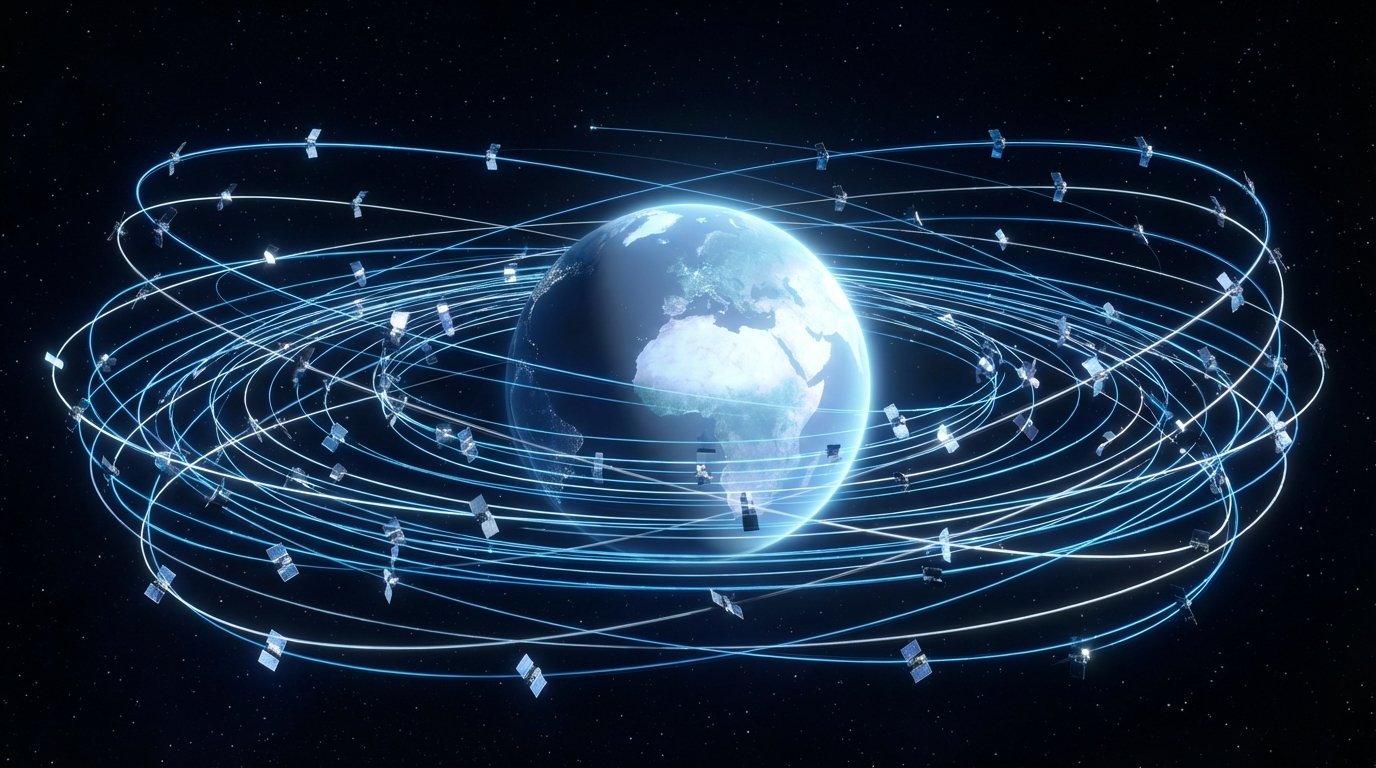 A conceptual image of the Starlink satellite network expanding in orbit around planet Earth, illustrating global connectivity.