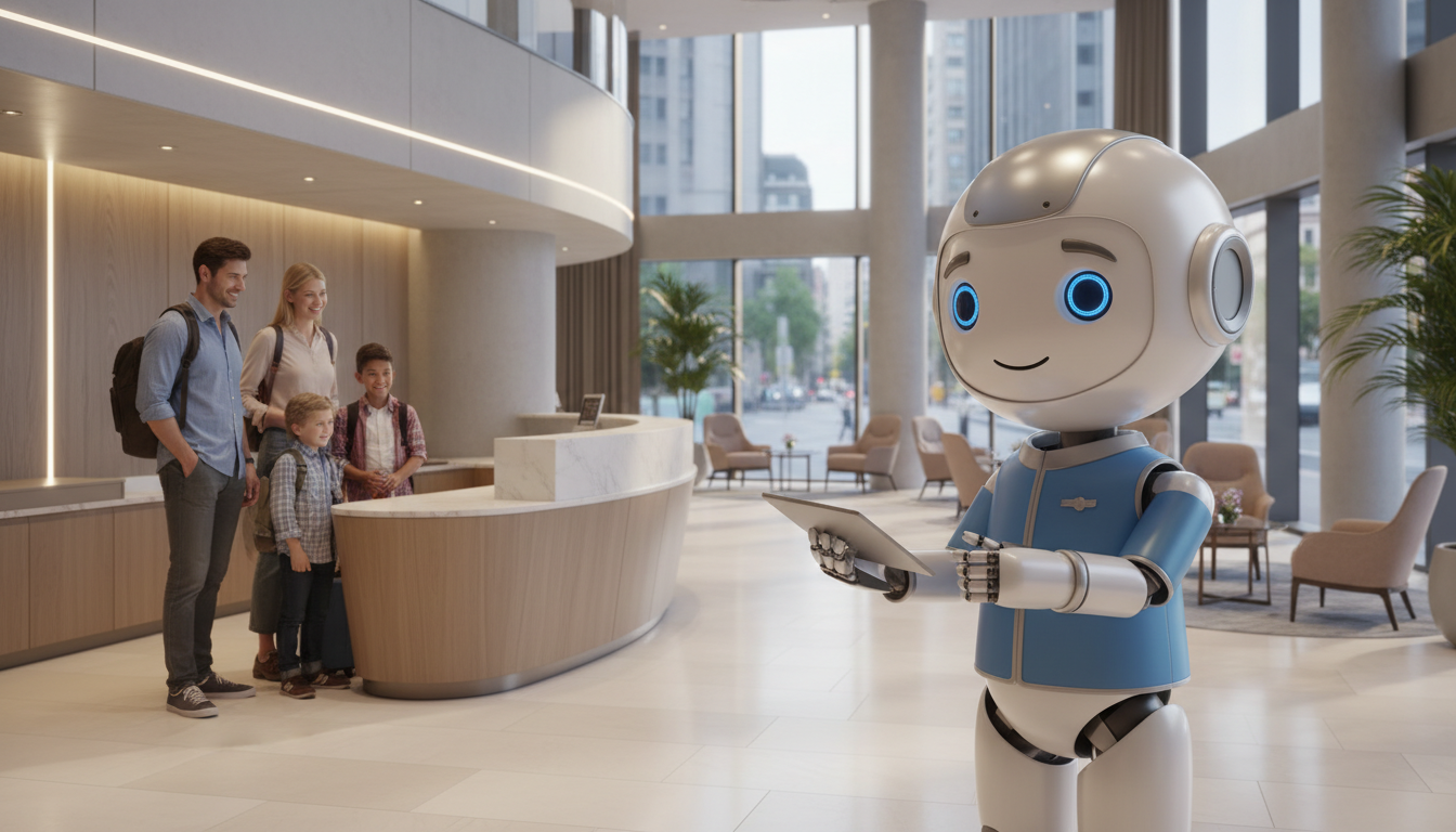 A friendly humanoid robot interacting with guests in a hotel lobby.