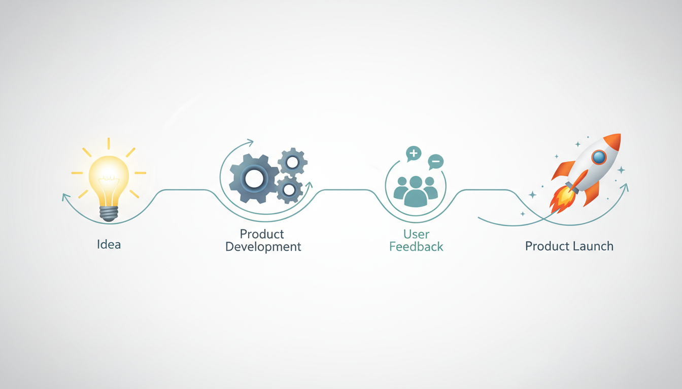 Startup journey roadmap from idea to launch featuring lightbulbs gears users and a rocket symbol