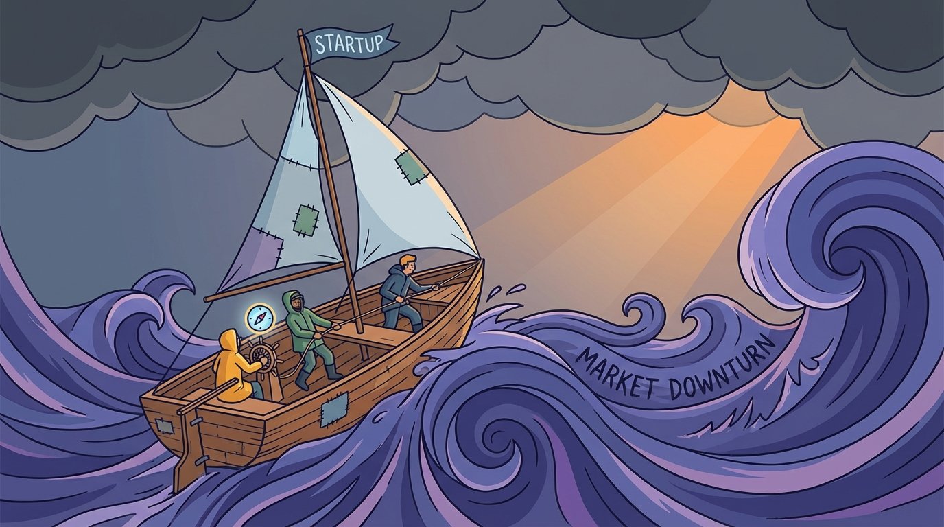 A startup team navigating a stormy sea in a small boat, symbolizing resilience during a market downturn.