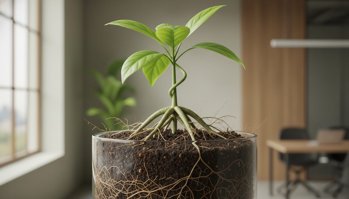 A young green plant growing steadily from rich soil with deep visible roots representing sustainable startup growth and a solid business foundation.