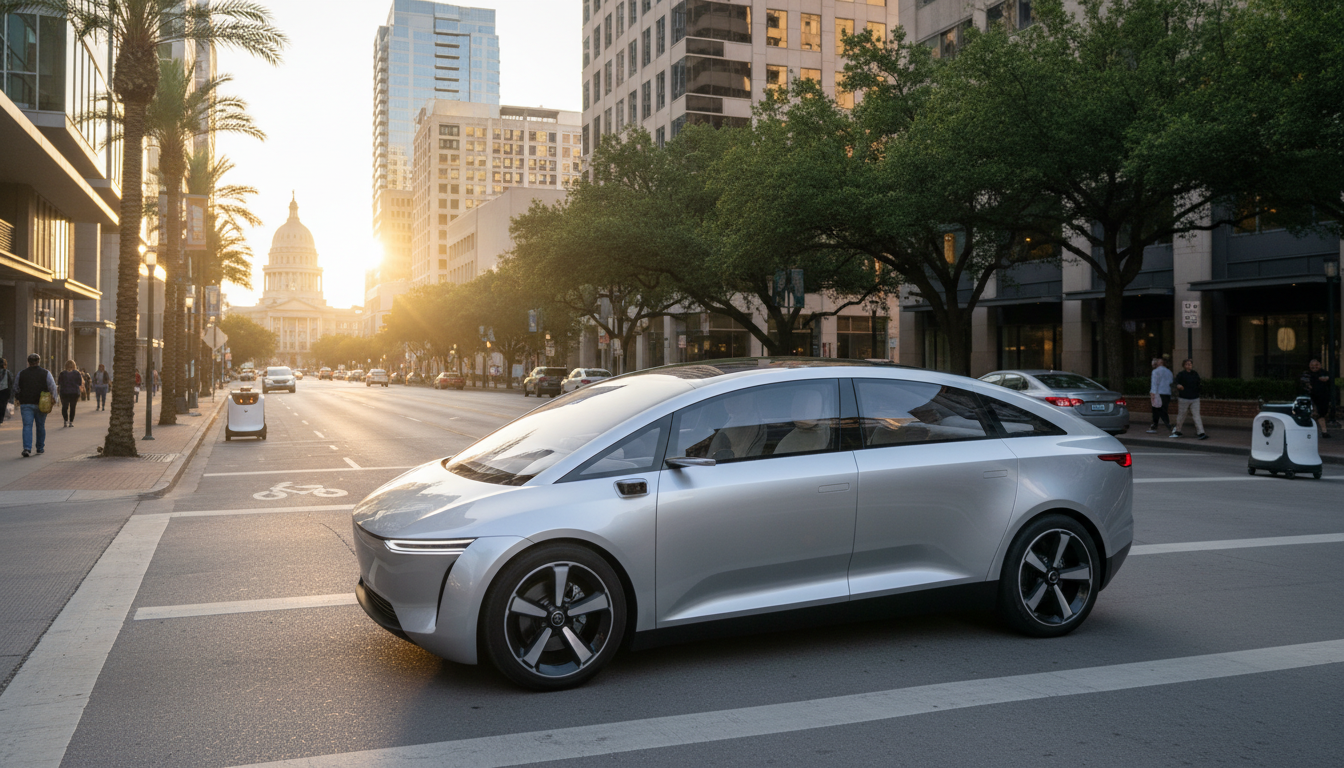 A futuristic robotaxi driving through the city of Austin without a human driver