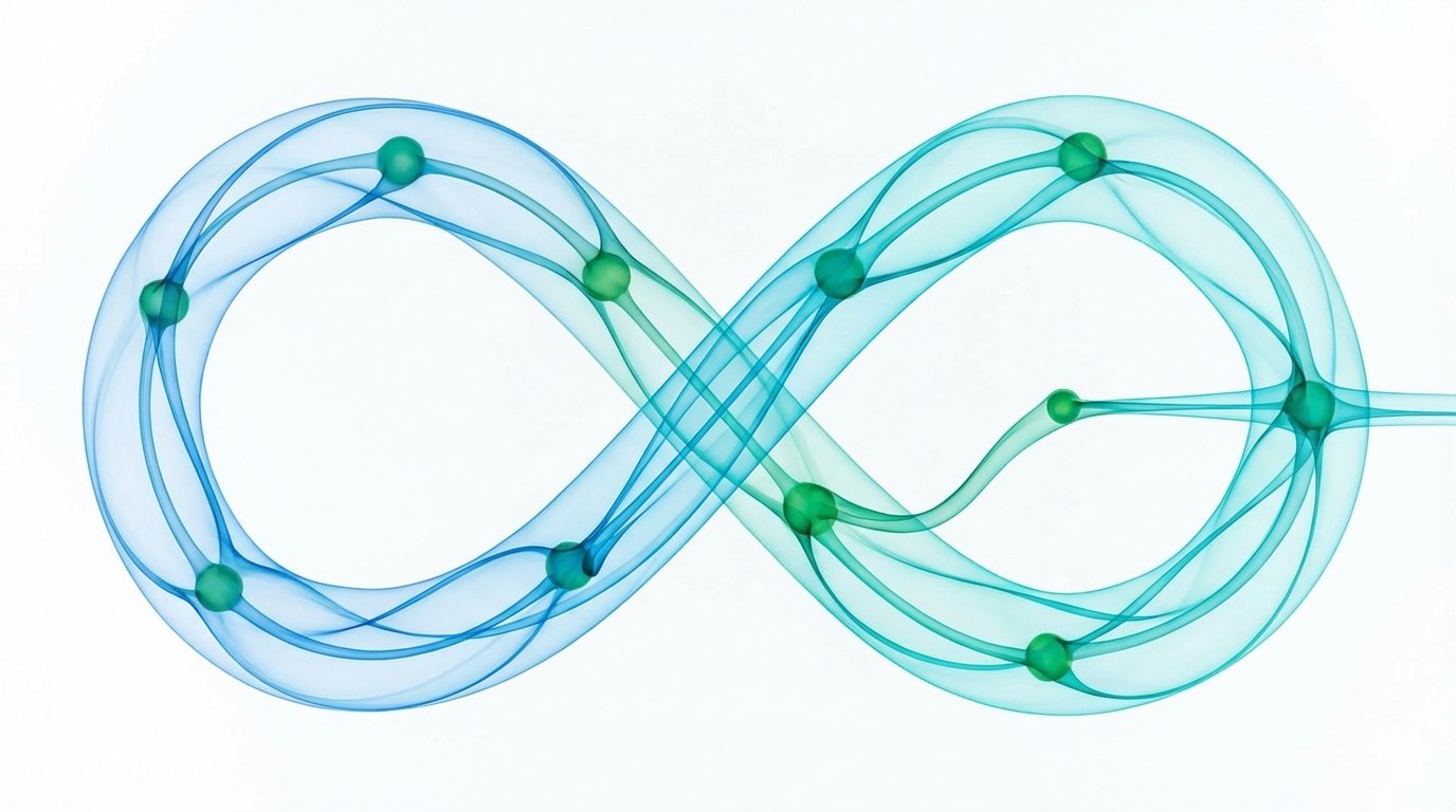 Abstract visualization of a CI/CD pipeline with interconnected nodes, symbolizing the speed and innovation of test automation tools for startups.