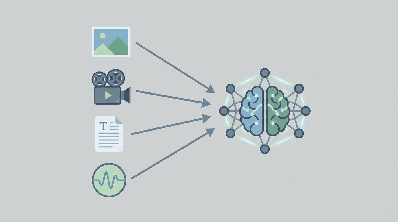 An illustration showing icons for different types of unstructured data, such as images, videos, and documents, all feeding into a central AI brain, representing how enterprise AI processes diverse data.