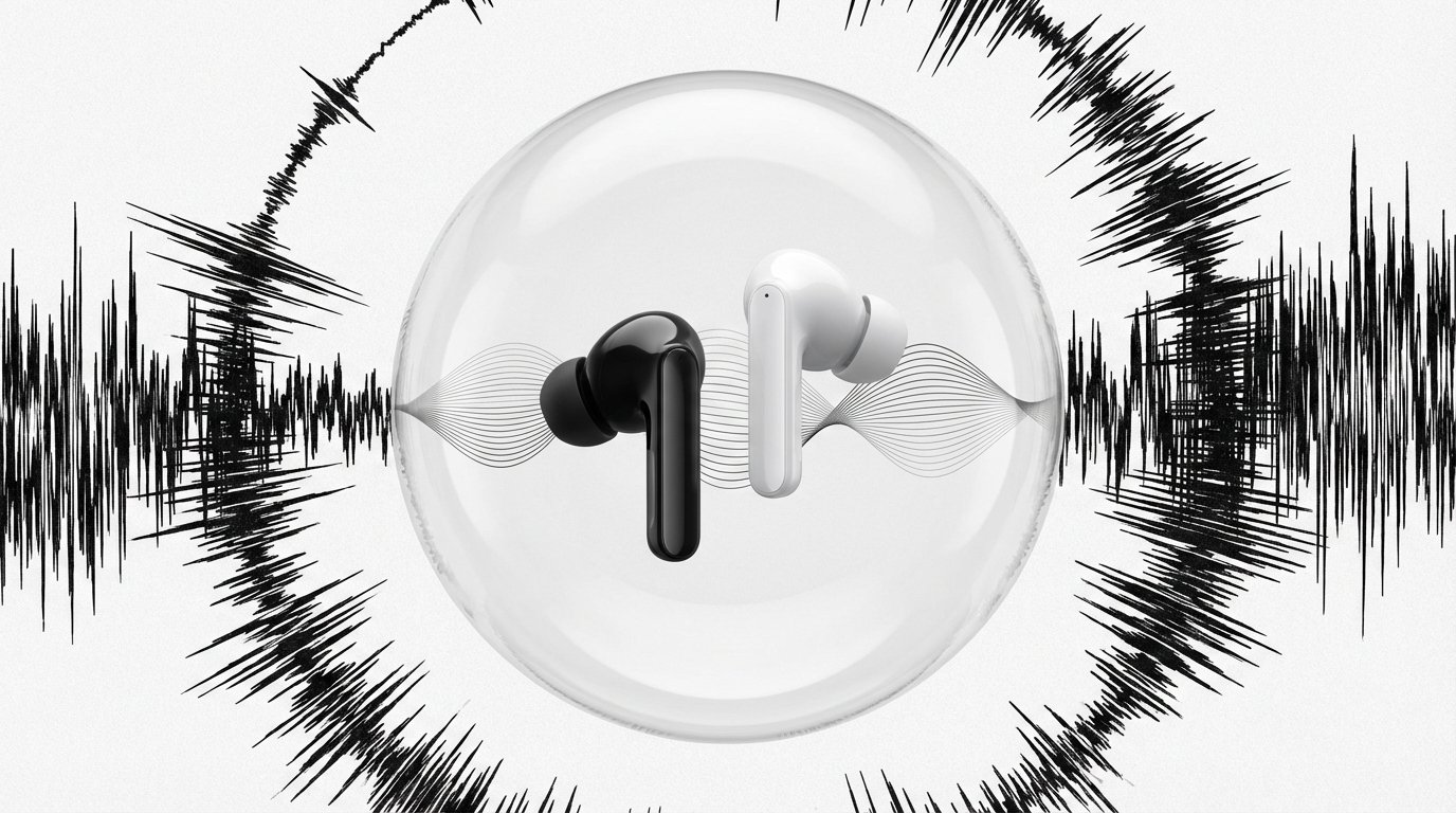 Sleek, modern wireless earbuds demonstrating noise isolation with a protective bubble against outside noise.