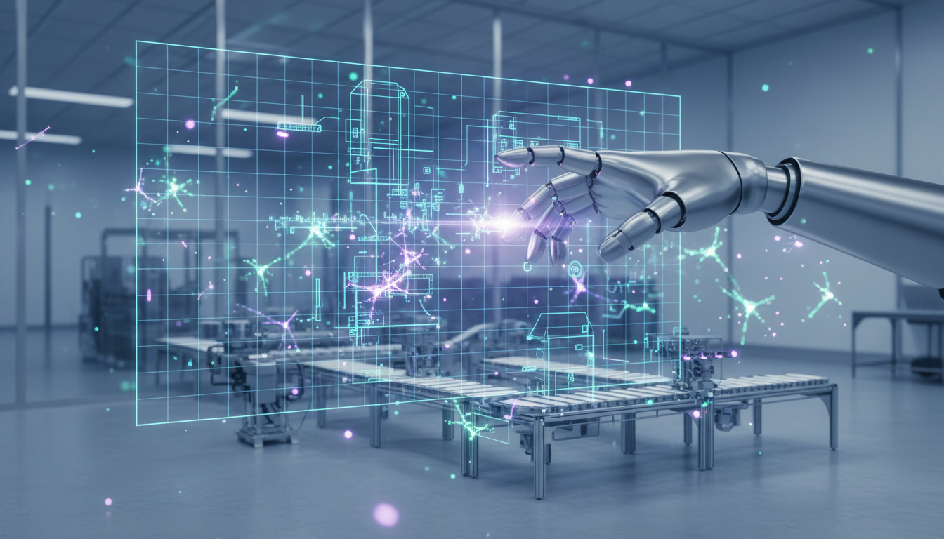 A futuristic robotic arm interacting with a digital grid representing world-model AI and machine intelligence in an industrial setting.