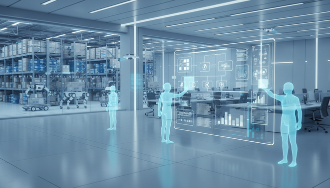 A futuristic office and warehouse environment showing AI agents and collaborative robots working together in a seamless enterprise workflow.