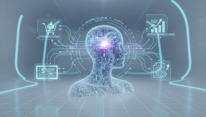 A stylized abstract human-like AI icon acting as an autonomous agent coordinating procurement, sales, and office workflows with digital symbols and flowcharts on a clean futuristic background.