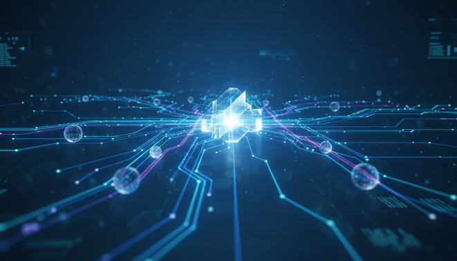 A futuristic digital network showing glowing interconnected nodes and light pathways representing an automated workflow.