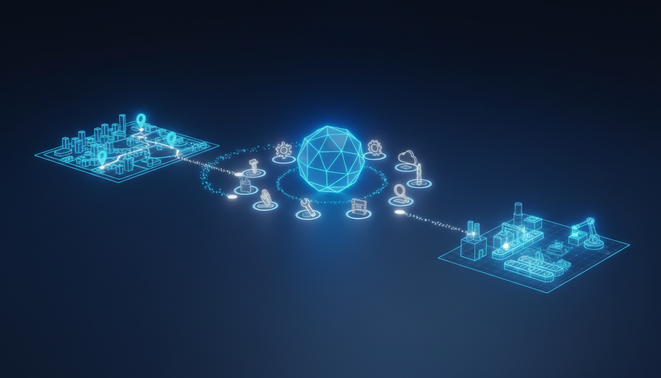 A minimalist 3D illustration showing an autonomous AI agent as a glowing shape managing a tool driven workflow for route optimization and production tasks.