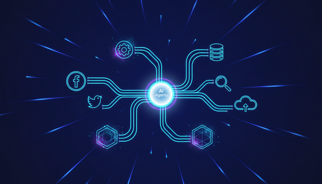 Digital illustration of AI agents securely connected to platforms through governance filters