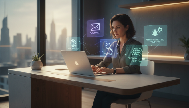 A solo founder managing multiple tasks effortlessly with AI assistance